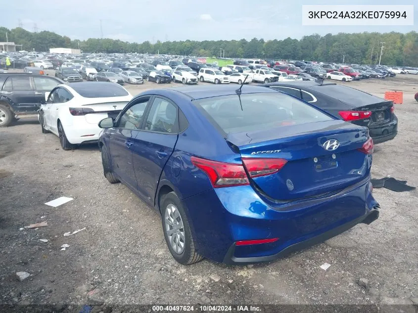 2019 Hyundai Accent Se VIN: 3KPC24A32KE075994 Lot: 40497624