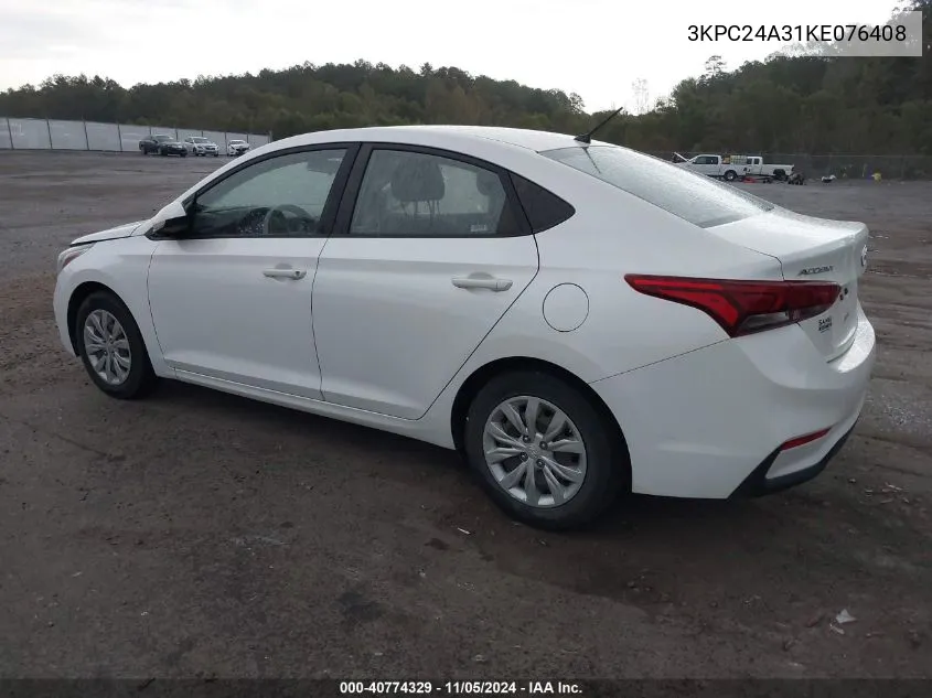 2019 Hyundai Accent Se VIN: 3KPC24A31KE076408 Lot: 40774329