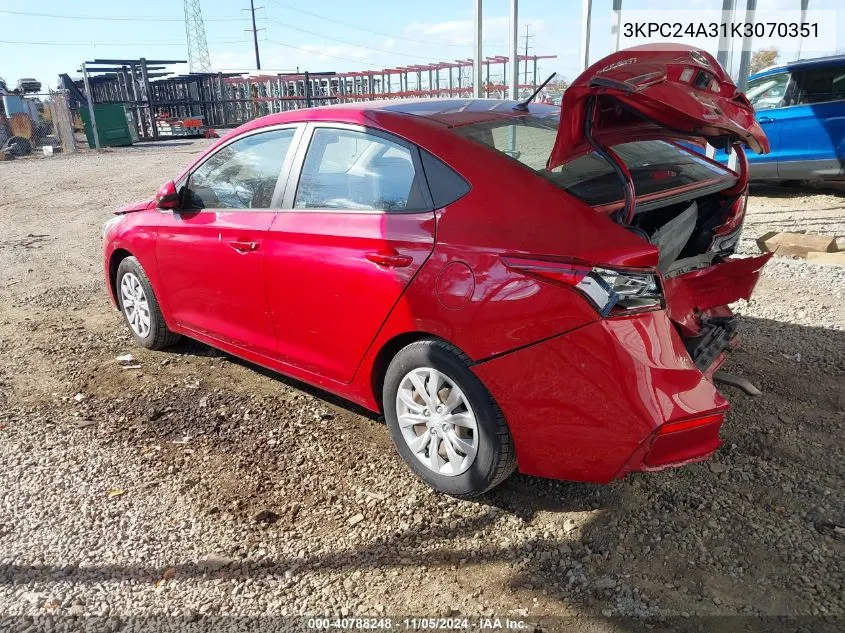 2019 Hyundai Accent Se/Sel VIN: 3KPC24A31K3070351 Lot: 40788248