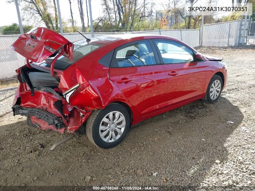 2019 Hyundai Accent Se/Sel VIN: 3KPC24A31K3070351 Lot: 40788248