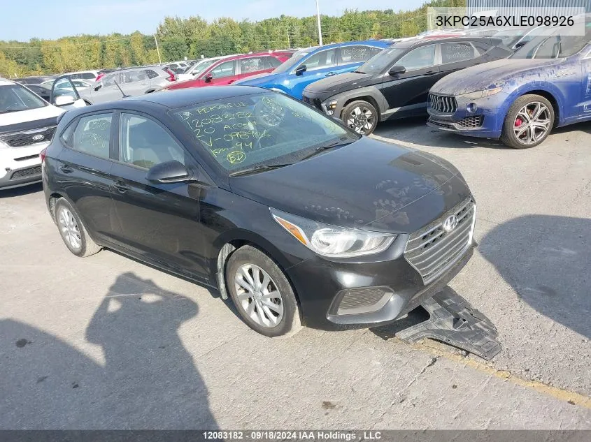 2020 Hyundai Accent Se/Sel VIN: 3KPC25A6XLE098926 Lot: 12083182