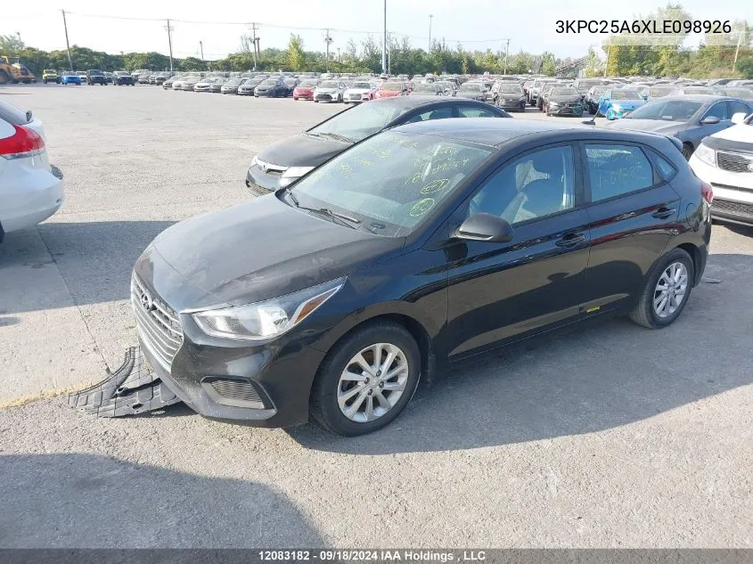 2020 Hyundai Accent Se/Sel VIN: 3KPC25A6XLE098926 Lot: 12083182