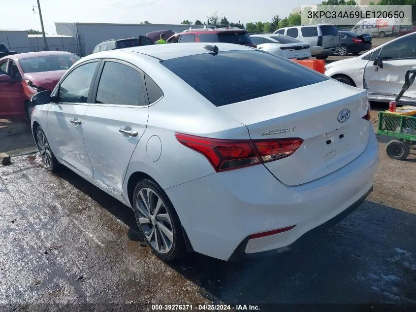 2020 Hyundai Accent Limited VIN: 3KPC34A69LE120650 Lot: 39276371