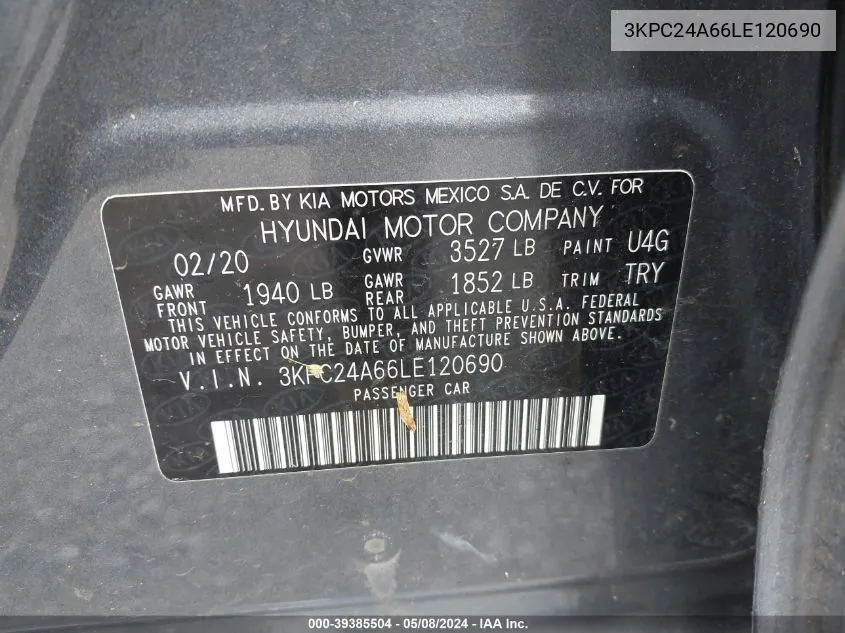 3KPC24A66LE120690 2020 Hyundai Accent Se