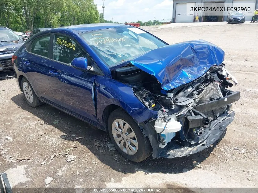 2020 Hyundai Accent Se VIN: 3KPC24A6XLE092960 Lot: 39655068