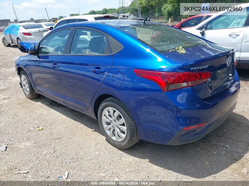 2020 Hyundai Accent Se VIN: 3KPC24A6XLE092960 Lot: 39655068