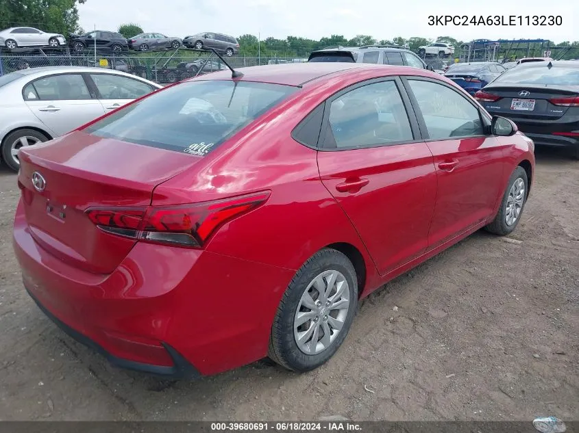 2020 Hyundai Accent Se VIN: 3KPC24A63LE113230 Lot: 39680691