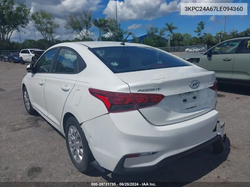 2020 Hyundai Accent Se VIN: 3KPC24A67LE094360 Lot: 39731795