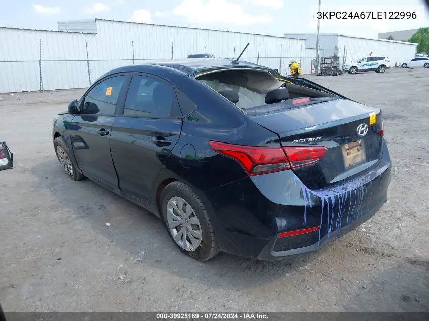 2020 Hyundai Accent Se VIN: 3KPC24A67LE122996 Lot: 39925189