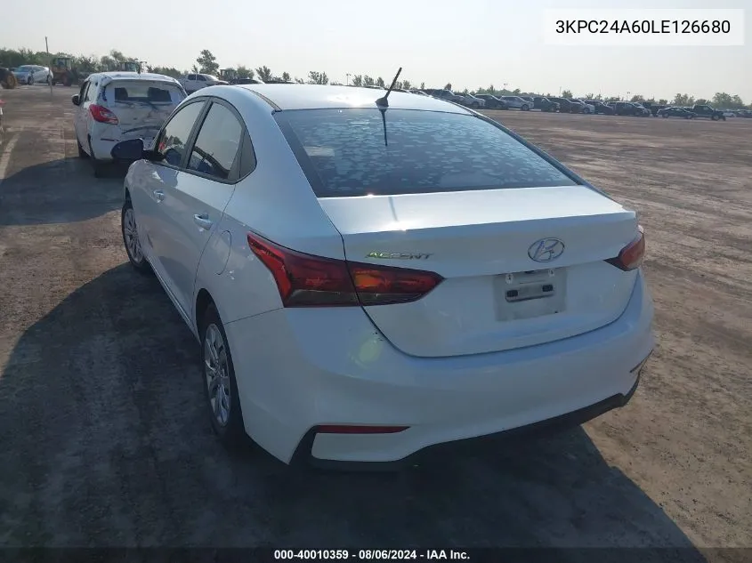 2020 Hyundai Accent Se VIN: 3KPC24A60LE126680 Lot: 40010359