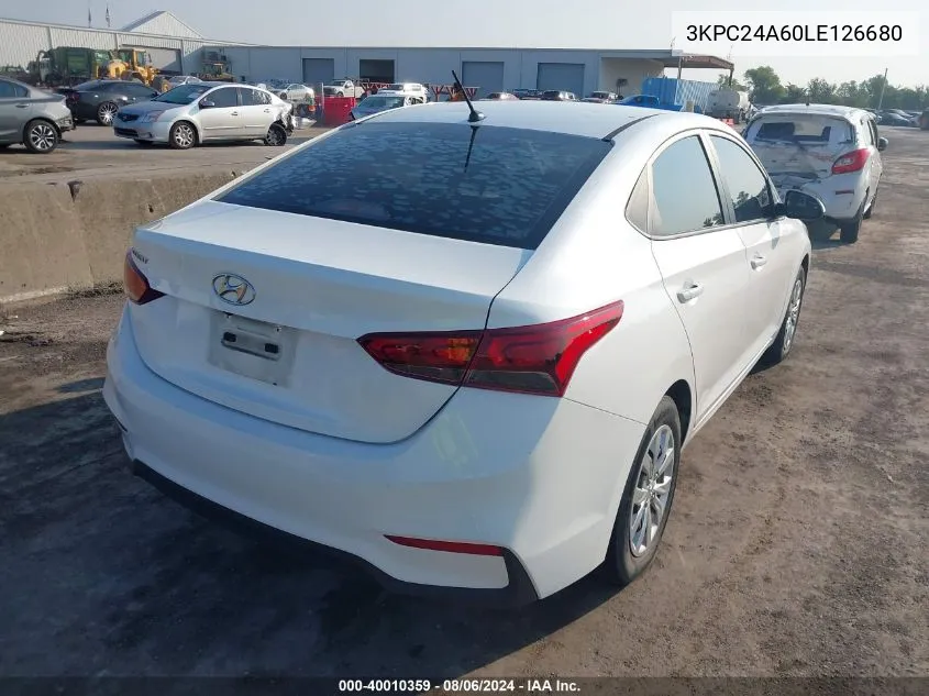 2020 Hyundai Accent Se VIN: 3KPC24A60LE126680 Lot: 40010359