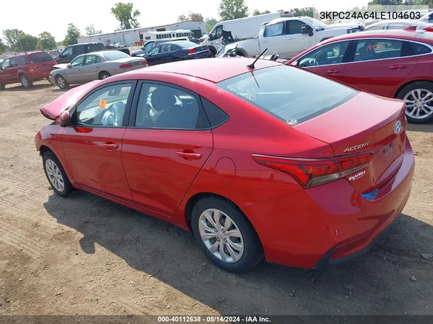 2020 Hyundai Accent Se VIN: 3KPC24A64LE104603 Lot: 40112638