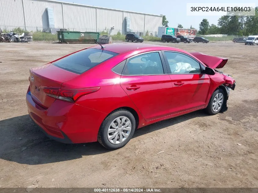 2020 Hyundai Accent Se VIN: 3KPC24A64LE104603 Lot: 40112638