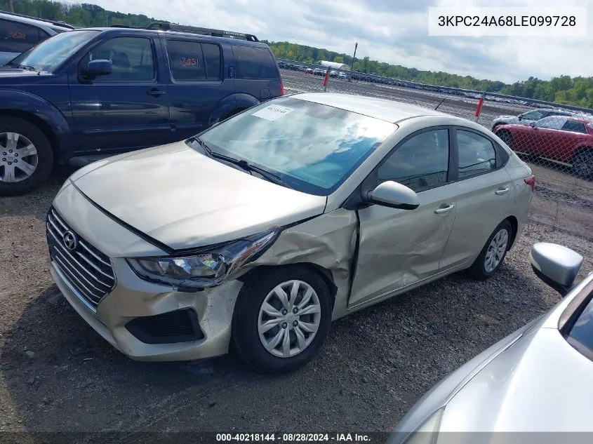 2020 Hyundai Accent Se VIN: 3KPC24A68LE099728 Lot: 40218144