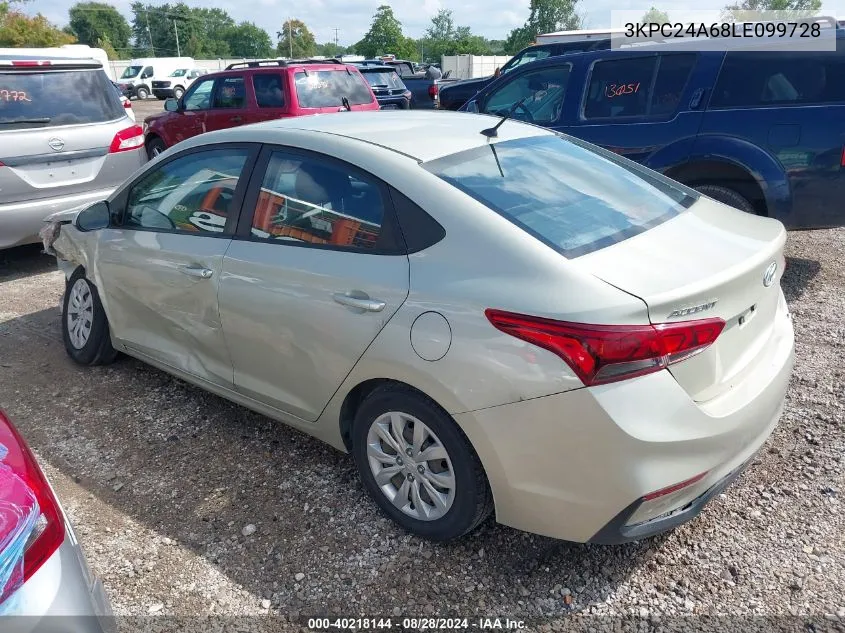 2020 Hyundai Accent Se VIN: 3KPC24A68LE099728 Lot: 40218144