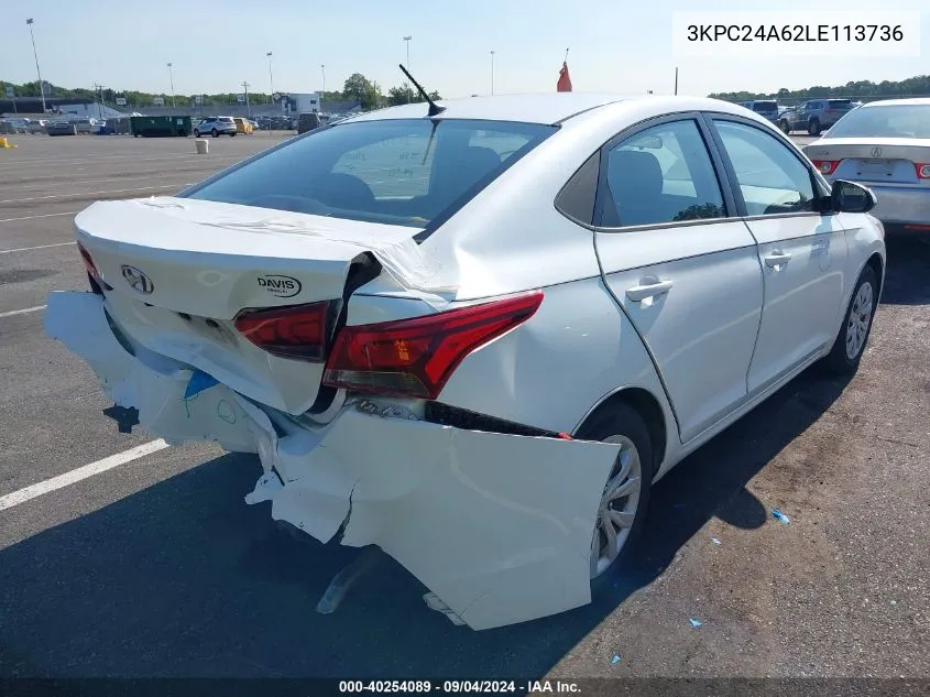 2020 Hyundai Accent Se VIN: 3KPC24A62LE113736 Lot: 40254089