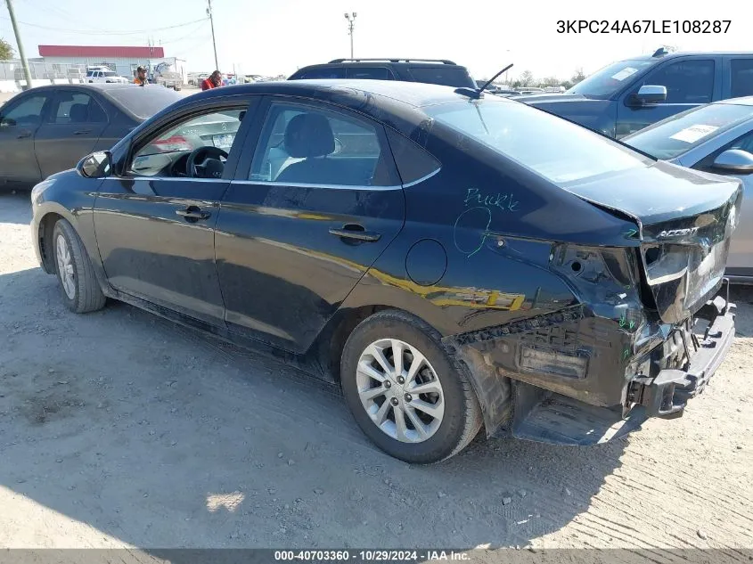 2020 Hyundai Accent Sel VIN: 3KPC24A67LE108287 Lot: 40703360