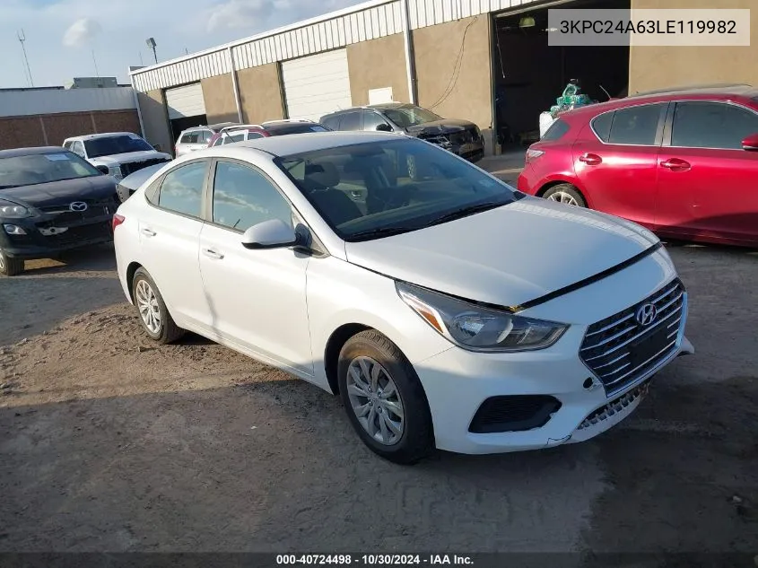 2020 Hyundai Accent Se VIN: 3KPC24A63LE119982 Lot: 40724498