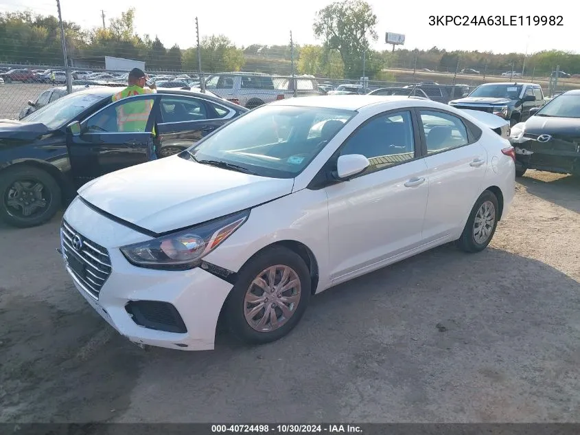 2020 Hyundai Accent Se VIN: 3KPC24A63LE119982 Lot: 40724498