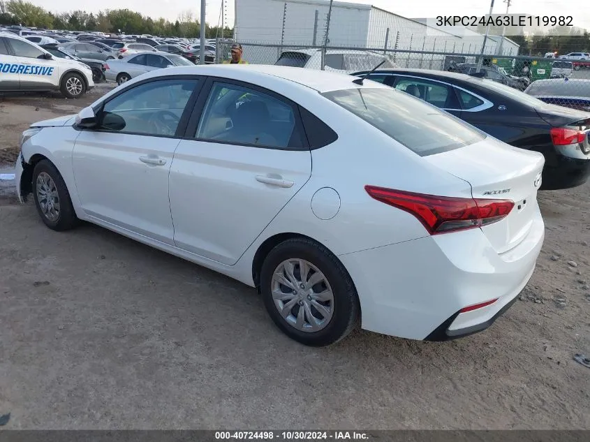 2020 Hyundai Accent Se VIN: 3KPC24A63LE119982 Lot: 40724498