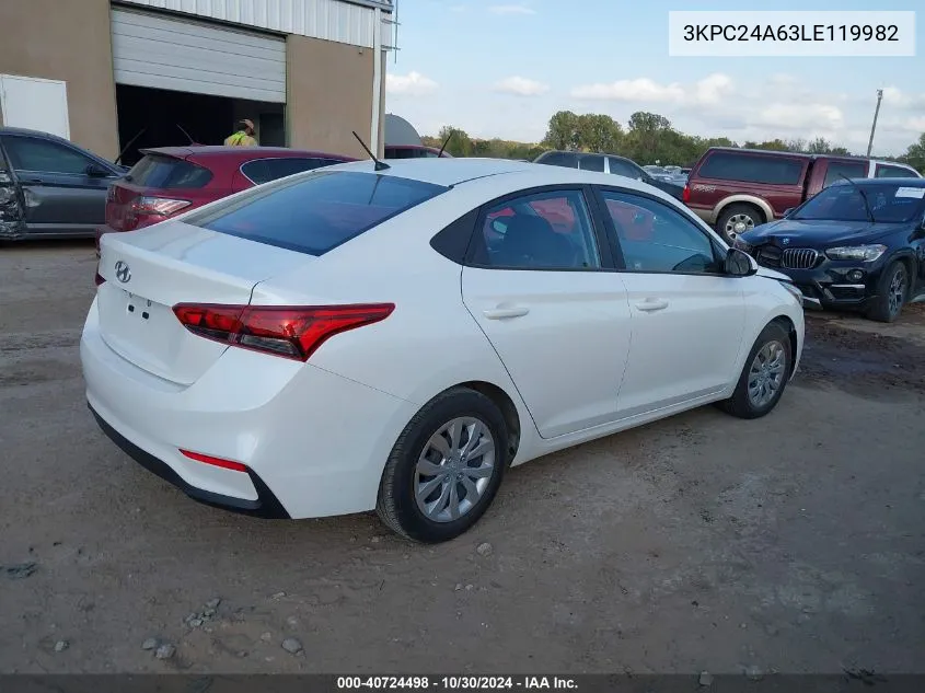 2020 Hyundai Accent Se VIN: 3KPC24A63LE119982 Lot: 40724498