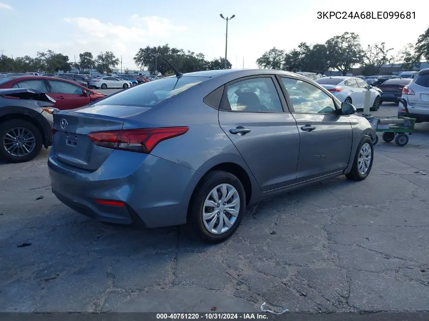 2020 Hyundai Accent Se VIN: 3KPC24A68LE099681 Lot: 40751220