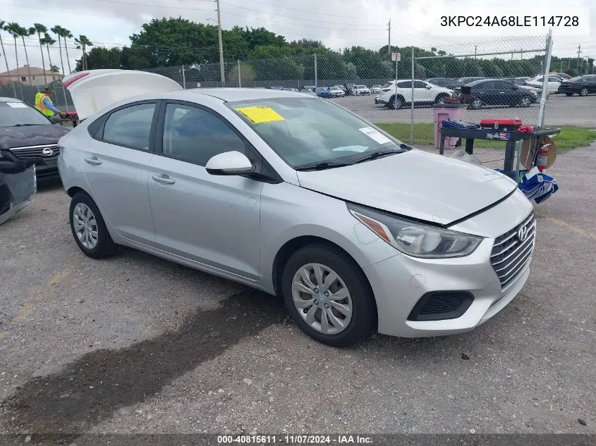 2020 Hyundai Accent Se VIN: 3KPC24A68LE114728 Lot: 40815611