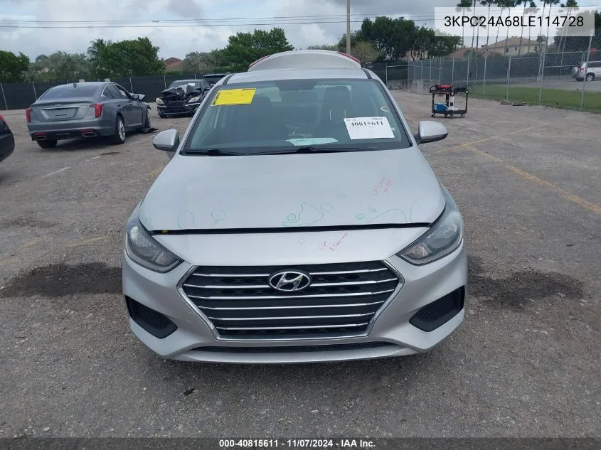 2020 Hyundai Accent Se VIN: 3KPC24A68LE114728 Lot: 40815611