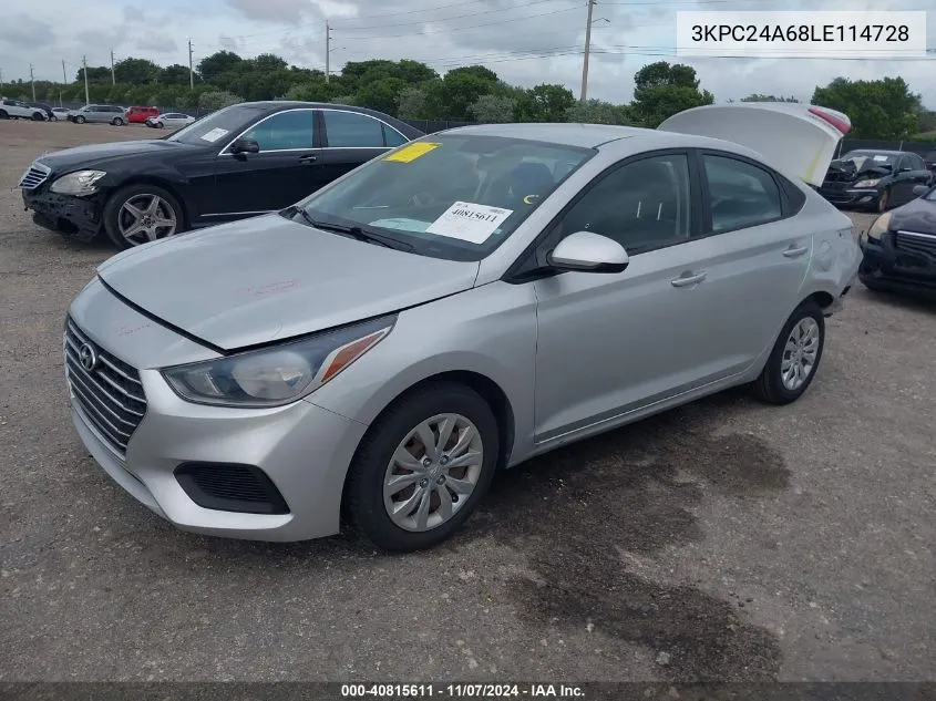 2020 Hyundai Accent Se VIN: 3KPC24A68LE114728 Lot: 40815611