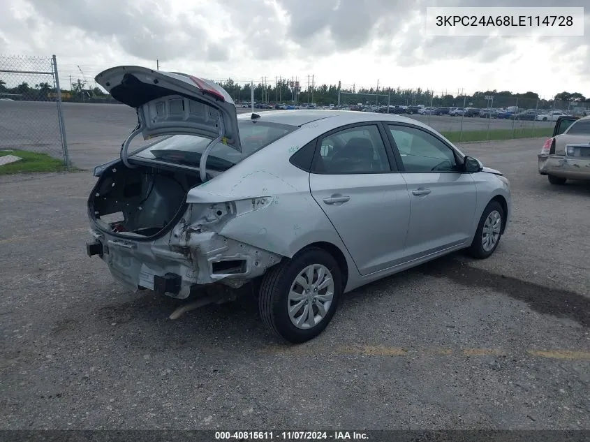 2020 Hyundai Accent Se VIN: 3KPC24A68LE114728 Lot: 40815611