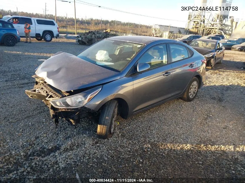 2020 Hyundai Accent Se VIN: 3KPC24A66LE114758 Lot: 40834424