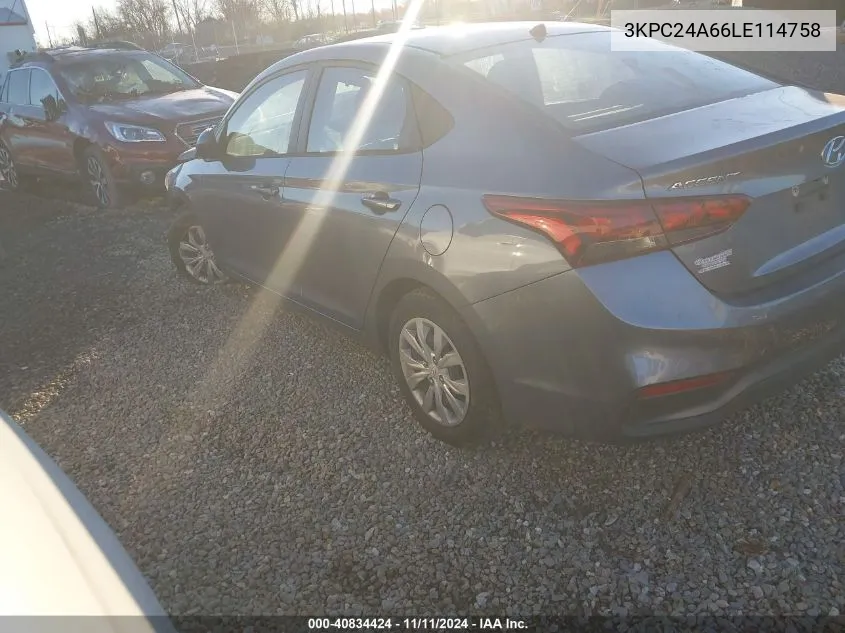 2020 Hyundai Accent Se VIN: 3KPC24A66LE114758 Lot: 40834424