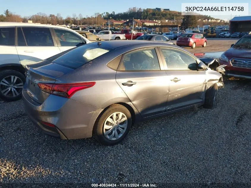 2020 Hyundai Accent Se VIN: 3KPC24A66LE114758 Lot: 40834424