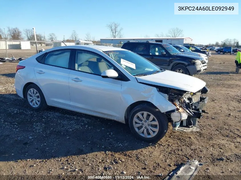 2020 Hyundai Accent Se VIN: 3KPC24A60LE092949 Lot: 40840580