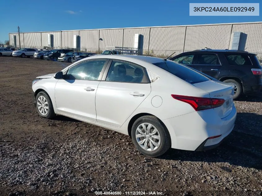 2020 Hyundai Accent Se VIN: 3KPC24A60LE092949 Lot: 40840580