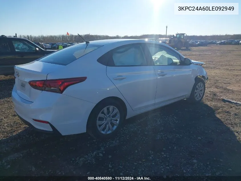 2020 Hyundai Accent Se VIN: 3KPC24A60LE092949 Lot: 40840580