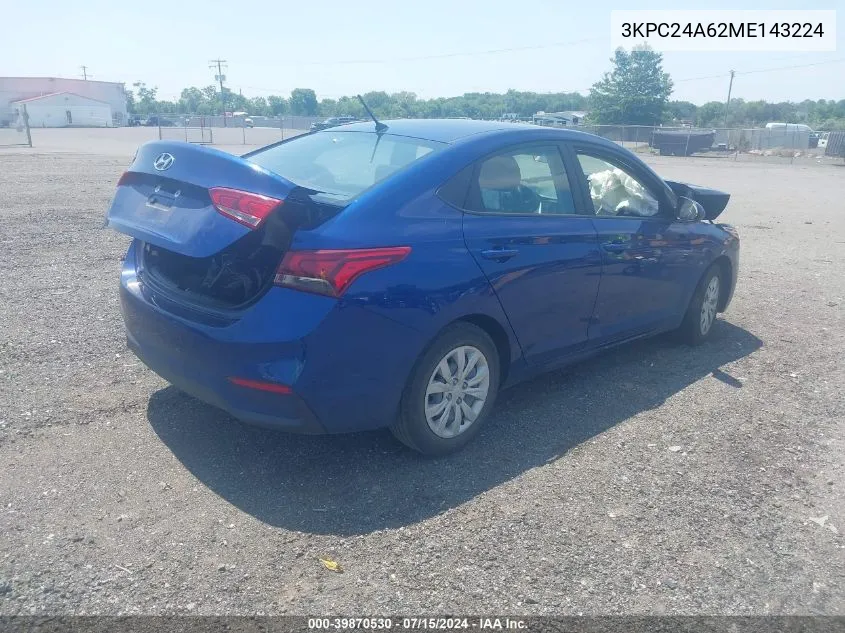 2021 Hyundai Accent Se VIN: 3KPC24A62ME143224 Lot: 39870530