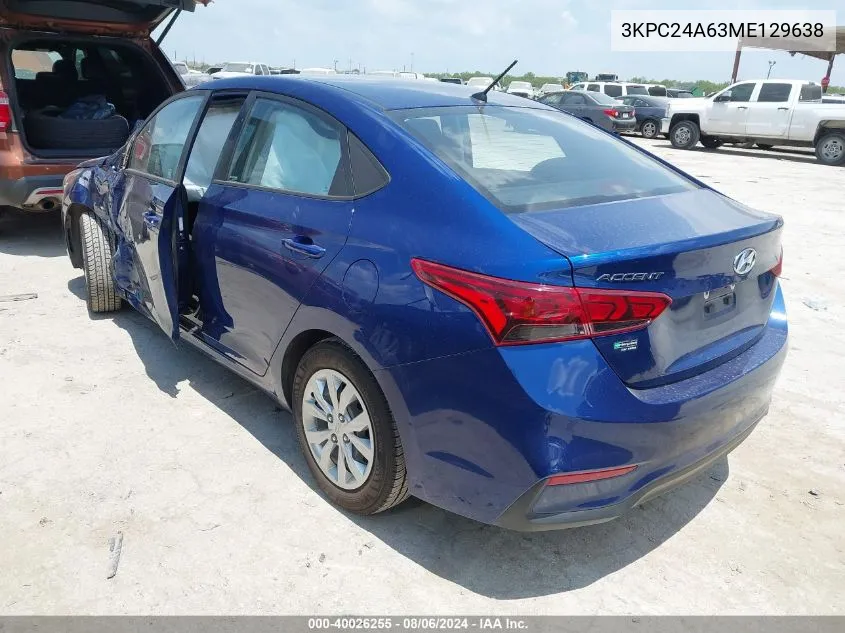 2021 Hyundai Accent Se VIN: 3KPC24A63ME129638 Lot: 40026255