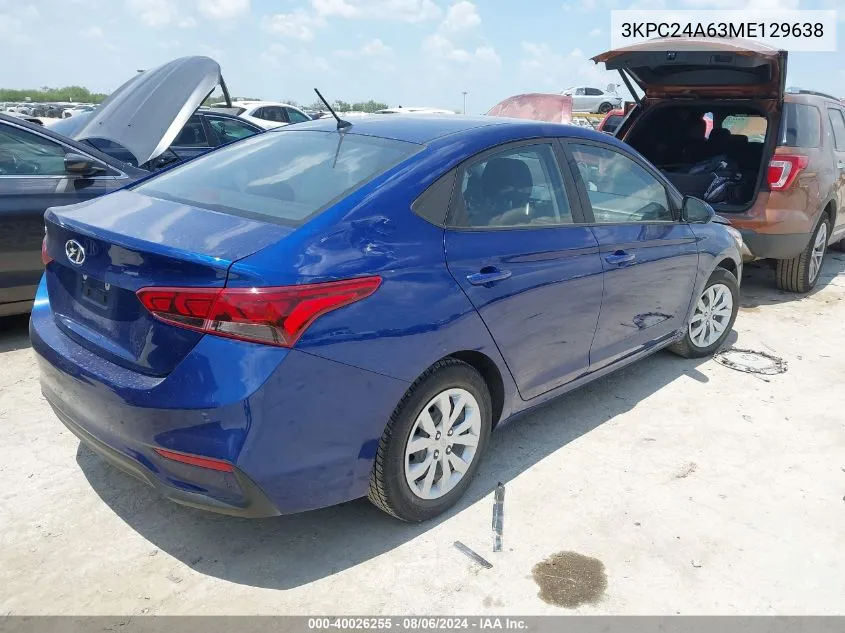 2021 Hyundai Accent Se VIN: 3KPC24A63ME129638 Lot: 40026255