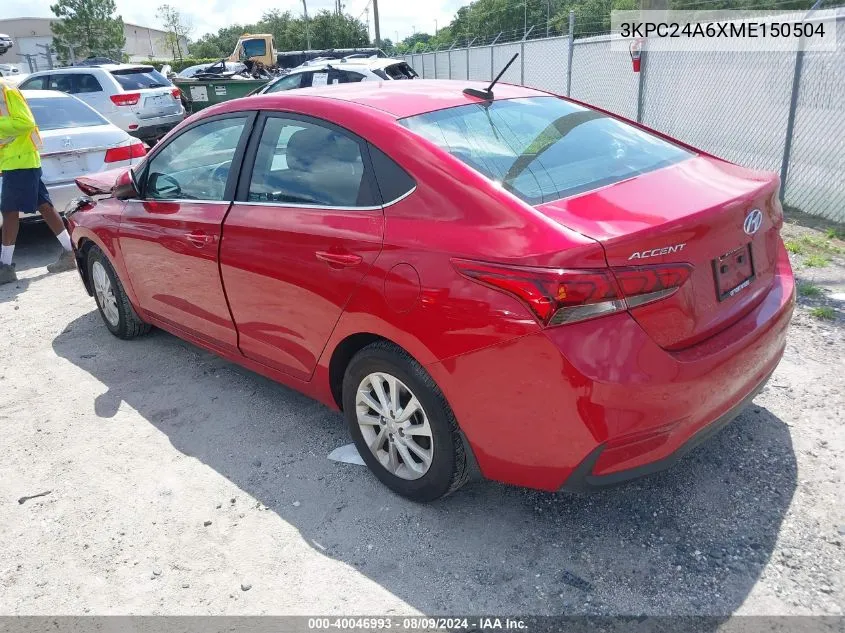 2021 Hyundai Accent Se/Sel VIN: 3KPC24A6XME150504 Lot: 40046993