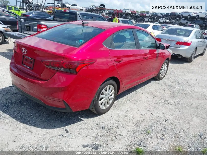 2021 Hyundai Accent Se/Sel VIN: 3KPC24A6XME150504 Lot: 40046993