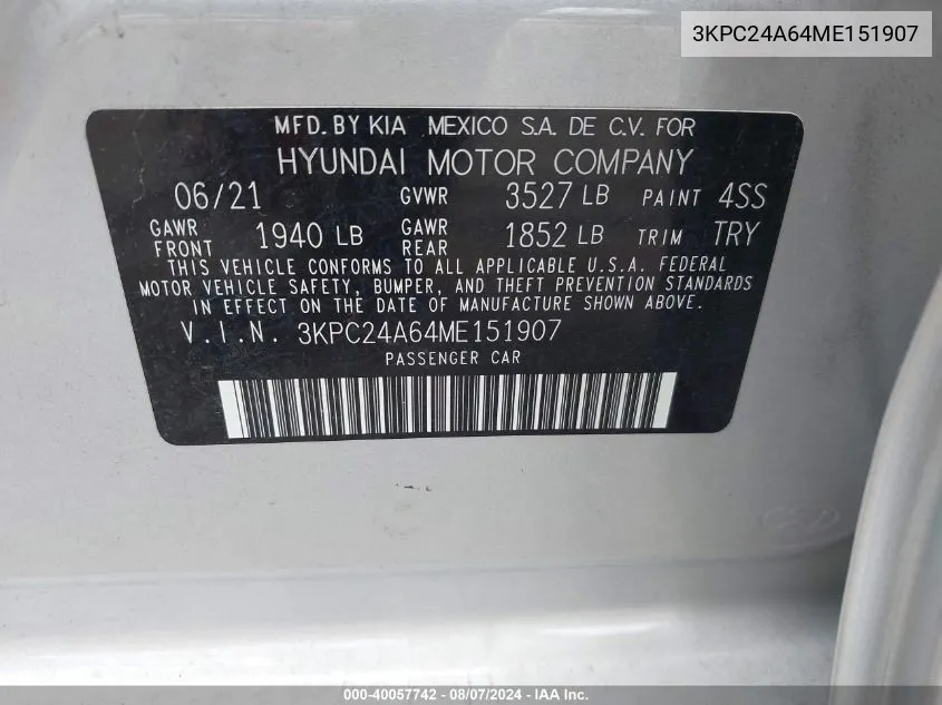 3KPC24A64ME151907 2021 Hyundai Accent Se