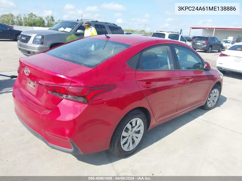 2021 Hyundai Accent Se VIN: 3KPC24A61ME138886 Lot: 40061008