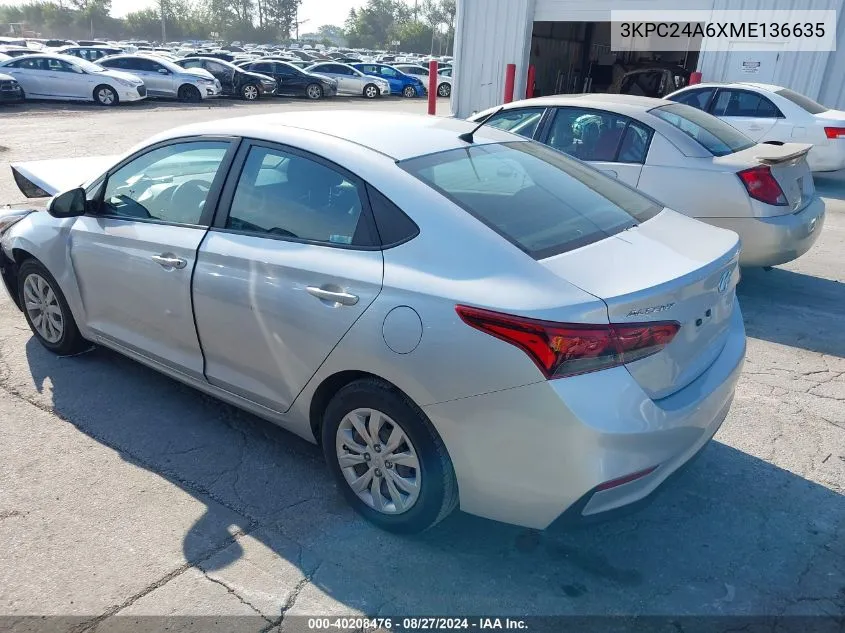 2021 Hyundai Accent Se VIN: 3KPC24A6XME136635 Lot: 40208476