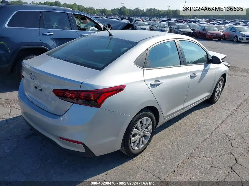 2021 Hyundai Accent Se VIN: 3KPC24A6XME136635 Lot: 40208476