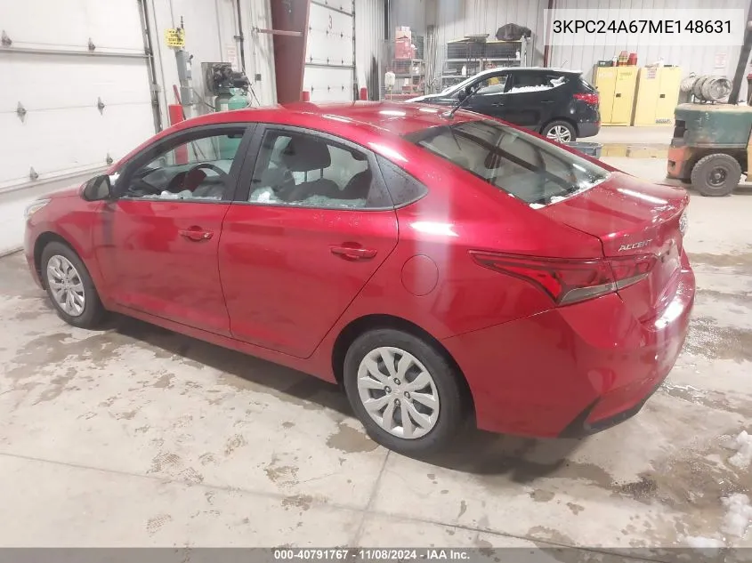 2021 Hyundai Accent Se VIN: 3KPC24A67ME148631 Lot: 40791767