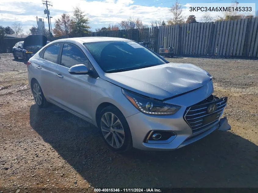 2021 Hyundai Accent Limited VIN: 3KPC34A6XME145333 Lot: 40815346