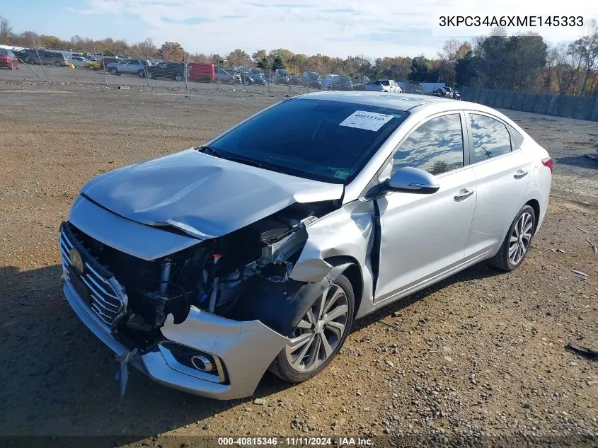 2021 Hyundai Accent Limited VIN: 3KPC34A6XME145333 Lot: 40815346