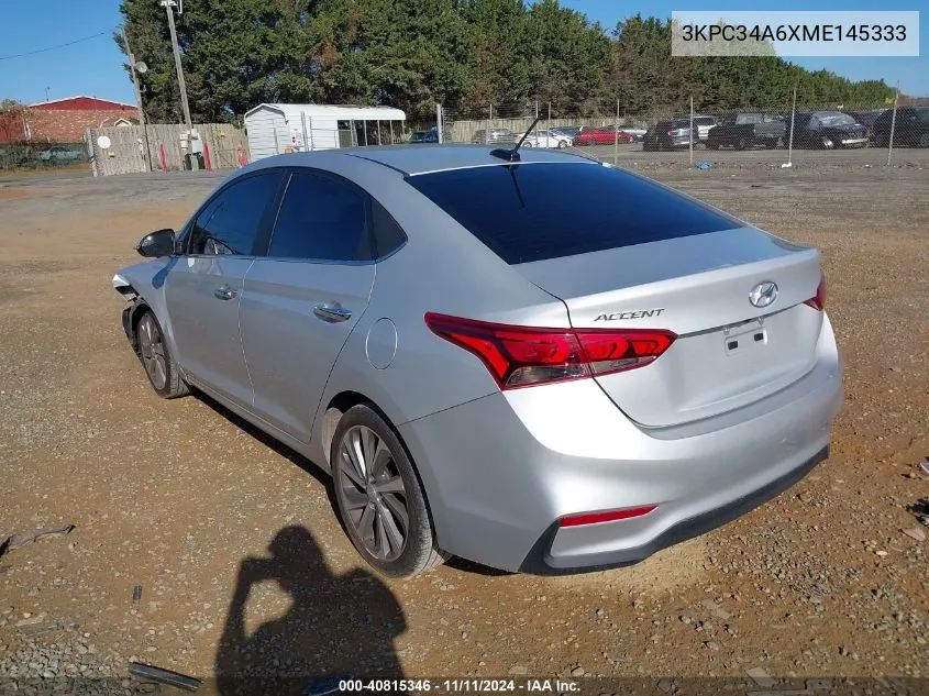 2021 Hyundai Accent Limited VIN: 3KPC34A6XME145333 Lot: 40815346