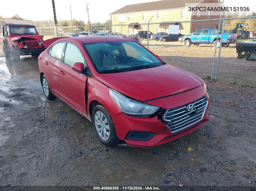 2021 Hyundai Accent Se VIN: 3KPC24A60ME151936 Lot: 40866355